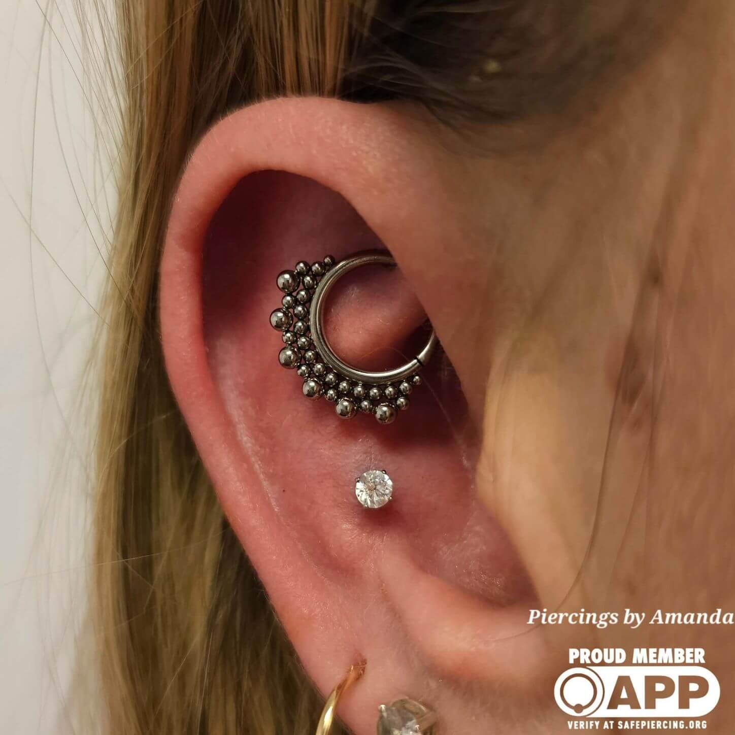 Rook and conch piercings with niobium and 18k white gold